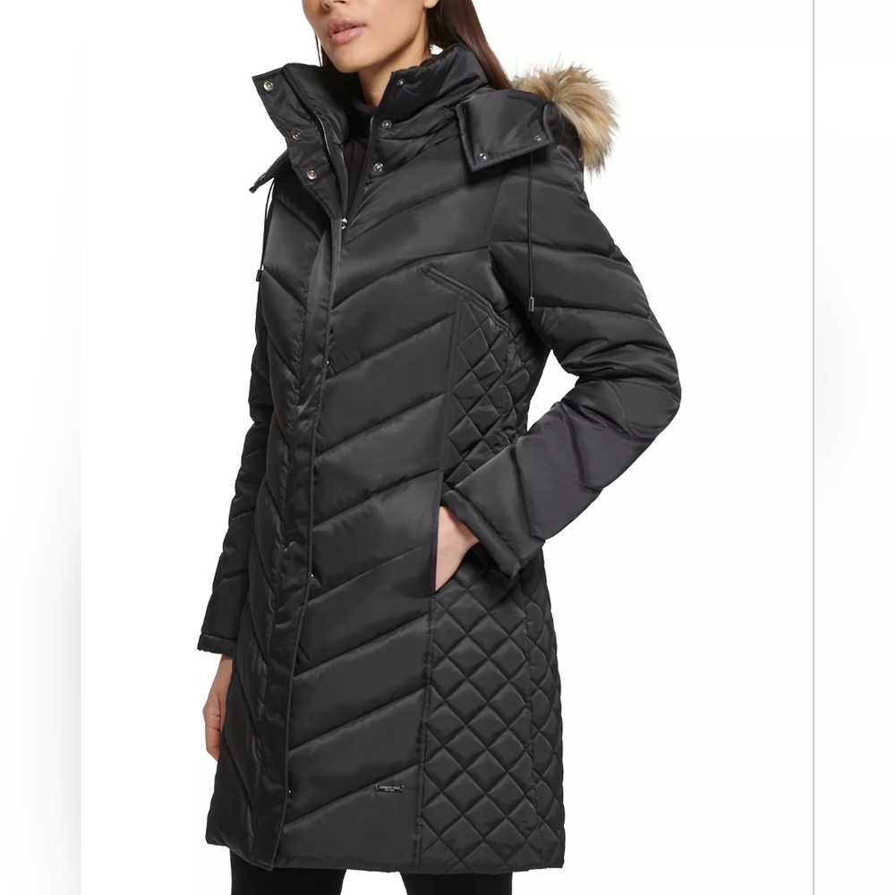 Kenneth Cole Reaction Women's Down Winter Coat Parka Faux Trim Size S in Black